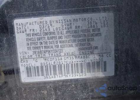 2019 Nissan Sentra Sr from USA, damaged, VIN 3N1AB7AP9KY334123